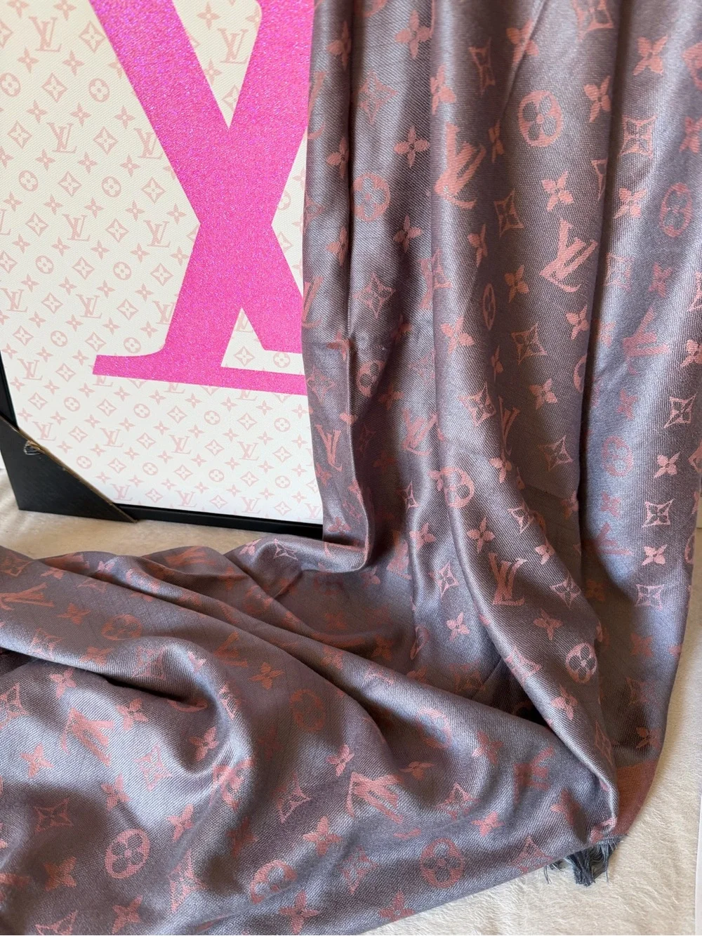 Louis Vuitton Grey Pink Reversible Monogram Large Scarf Shawl